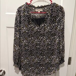 LOFT Black Floral Ruffled V-Neck Long Sleeve Blouse